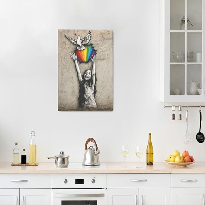 Banksy Street Graffiti Wall Art Rainbow Canvas Wall Decor Love And Peace Pictures Paintings Prints Artwork Framed Modern Decorations For Bedroom Bathroom Office Living Room Gifts 16" x 24"