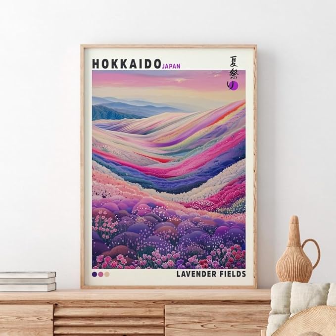 Nationcog Hokkaido Lavender Fields Poster, Japanese Wall Art Print, Colorful Landscape Artwork, Japandi Asian Style Home Decor for Bedroom, Living Room or Modern Interior (Unframed) (20x30)