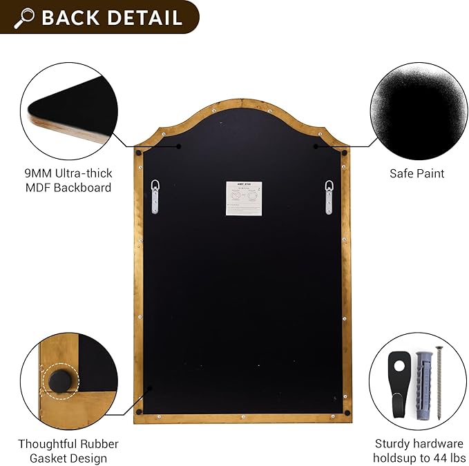 ANDY STAR Scalloped Arched Mirror, 24x36 Inch Brushed Gold Mantle Mirror with Stainless Steel Metal Frame, Modern Wall Mirrors for Bathroom, Bedroom, Fireplace, Living Room, Entryway Hangs Vertically