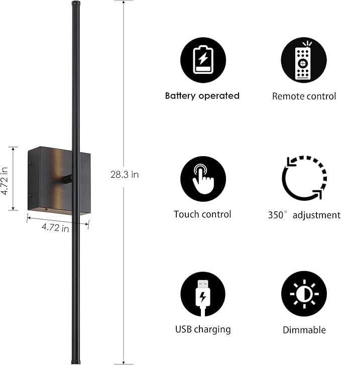 Battery Operated Wall Sconces with Remote Control, Dimmable Wall Sconces Set of Two, 350°Rotate, 3000K LED Black Wireless Wall Light for Living Room, Hallway, Bedroom, 28.3 Inch (2 Pack)