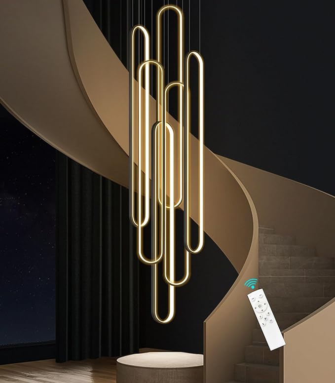 Modern High Ceiling Chandelier for Foyer Black 6 Rings Chandeliers LED Dimmable Chandelier for Living Room Staircase Villa