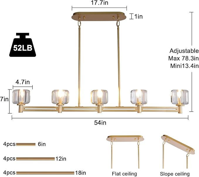 Modern Crystal Chandelier, 54" Large Gold Rectangle Chandeliers for Dining Room, 5-Light Kitchen Island Lighting, Light Fixtures Over Table,Pendant Lighting Fixture for Dining Room Bedroom