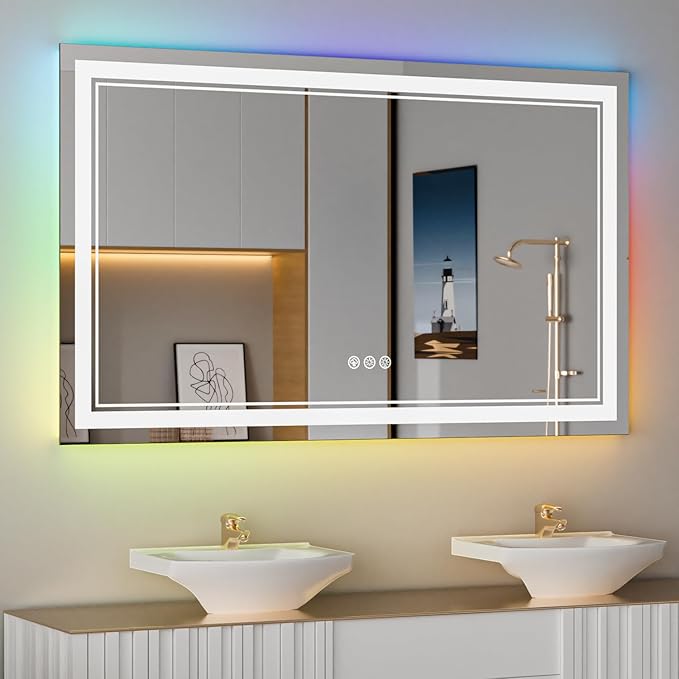 55x36 Inch RGB LED Bathroom Mirror with Lights, Color Changing RGB Backlit LED Mirror for Bathroom,Lighted Vanity Mirrors for Bathroom Wall, Dimmable, Anti-Fog (RGB Backlit+Front-Lit)
