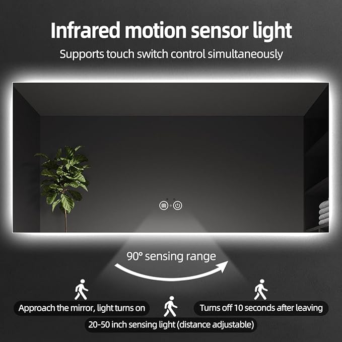 Backlit LED Bathroom Mirror, Infrared Motion Sensor Vanity Mirror with 3-Color Lights, Stepless Dimmable Wall Lighted Mirror with Anti-Fog, Memory, Rectangular (36" L x 72" W)