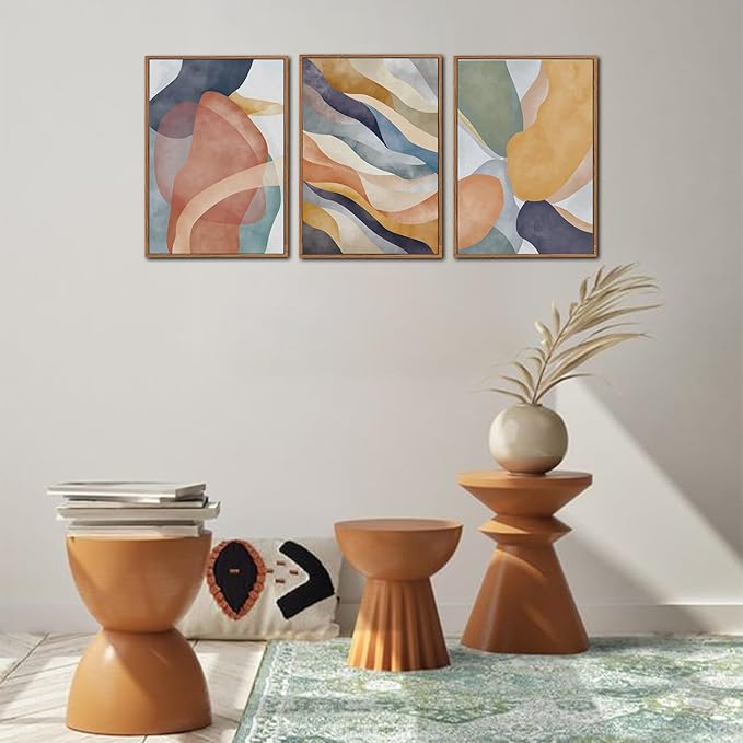 LHIUEM Large Abstract Neutral Framed Canvas Wall Art Set of 3(12”X16”)Colorful Watercolor Block Wall Art Colorful Office Decor Boho Geometric Illustrations Artwork for Living Room Bedroom Dining Room