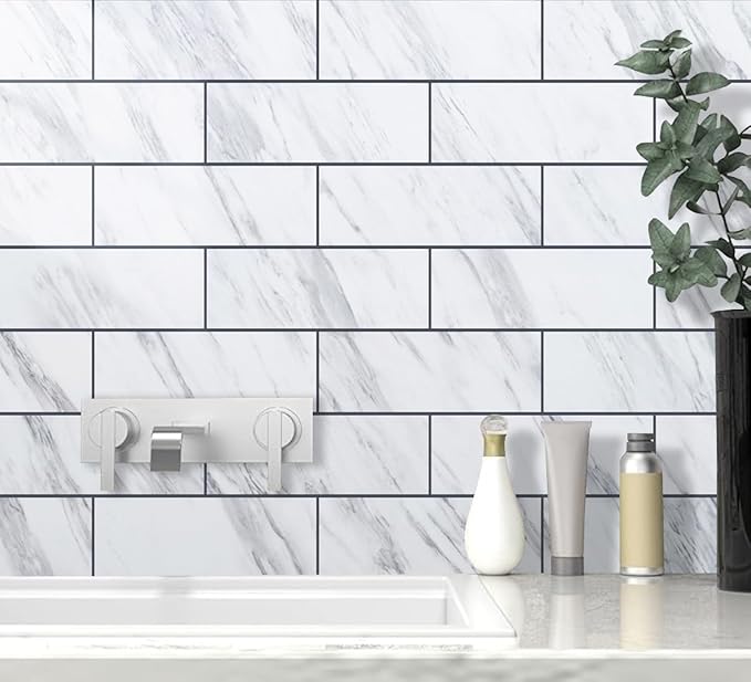 AULIGET 2-Piece White Marble Peel and Stick Backsplash Wall Tiles, 6" x 12" PVC Faux Stone Stick on Tiles for Backsplash Kitchen, Bathroom, Laundry Room, Camper, Fireplace