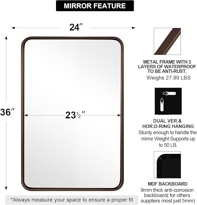ANDY STAR Bronze Bathroom Mirror, 24X36 Bronze Wall Mirror, Bronze Vanity Mirror, Rounded Rectangle Mirror Bronze Metal Frame Farmhouse Mirror Hang Vertically or Horizontally