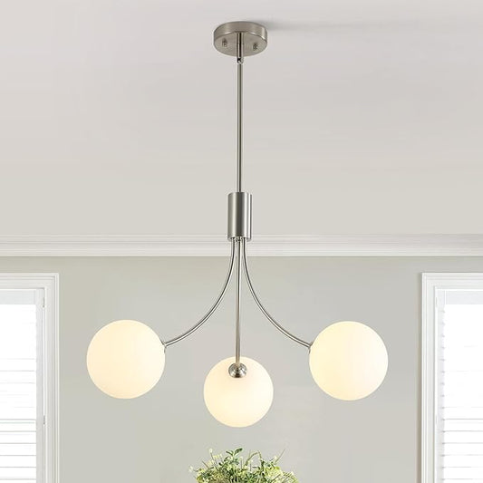 3-Light Brushed Nickel Chandelier Milk Globe Glass Pendant Lights Kitchen Island, Modern Sputnik Globe Chandeliers for Dining Room Entryway Hallway Foyer Bedroom Office Bathroom