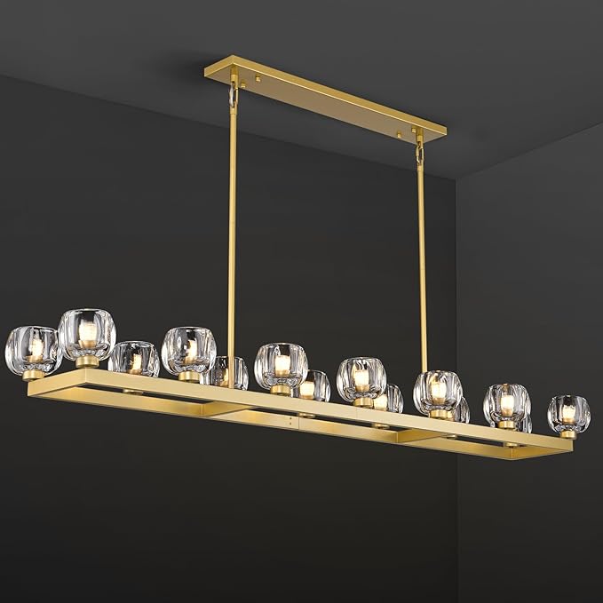 72 Inch Brass Rectangle Wagon Wheel Chandeliers, Gold Chandelier for Dining Room Over Table, Modern Crystal Long Chandelier for High Ceiling, Farmhouse Large Linear Chandeliers for Kitchen Island