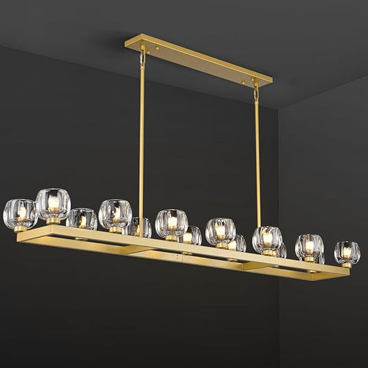 72 Inch Brass Rectangle Wagon Wheel Chandeliers, Gold Chandelier for Dining Room Over Table, Modern Crystal Long Chandelier for High Ceiling, Farmhouse Large Linear Chandeliers for Kitchen Island