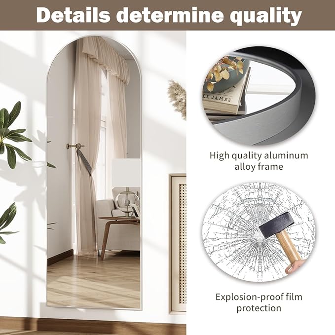 Arched Full Length Mirror, 64"*21" Large Floor Mirror, Full Body Mirrors for Leaning or Hanging, Standing Mirrors for Bedroom, Living Room,Dressing Room, Aluminum Alloy Frame, Silver