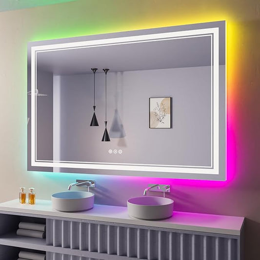 60x30 Inch LED Bathroom Mirror with Lights, Color Changing RGD Backlit and Front Light Mirror,Lighted Vanity Mirrors for Bathroom Wall, Dimmable, Anti-Fog,Shatterproof,Memory