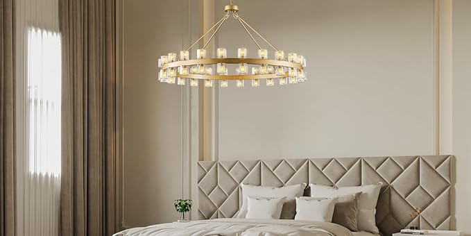 48 Inch Gold Wagon Wheel Chandelier with Crystal Shade, 48 Lights, Modern Farmhouse Style, Ideal for Dining Room, Kitchen, Entryways