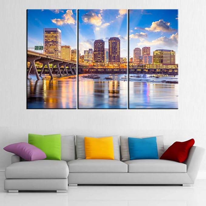 Native American Painting Richmond Virginia Pictrues USA Cityscape Wall Art Canvas Contemporary Artwork Home Decor for Living Room Giclee Wooden Framed Gallery-wrapped Ready to Hang 40‘’x20‘’x3 Pcs