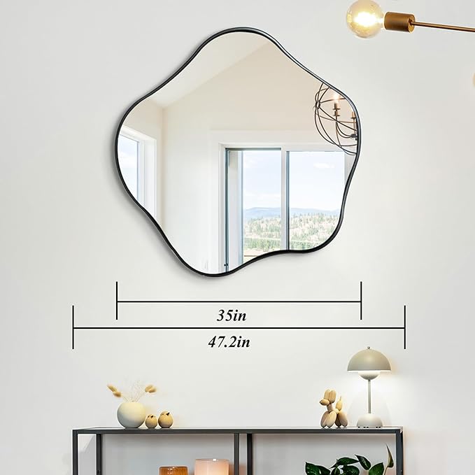 Large Scalloped Mirror, 35" Irregular Shaped Mirror, Asymmetrical Wall Mirrors Decorative, Modern Wavy Round Mirrors for Living Room Bathroom Bedroom Hallway Entryway Fireplace