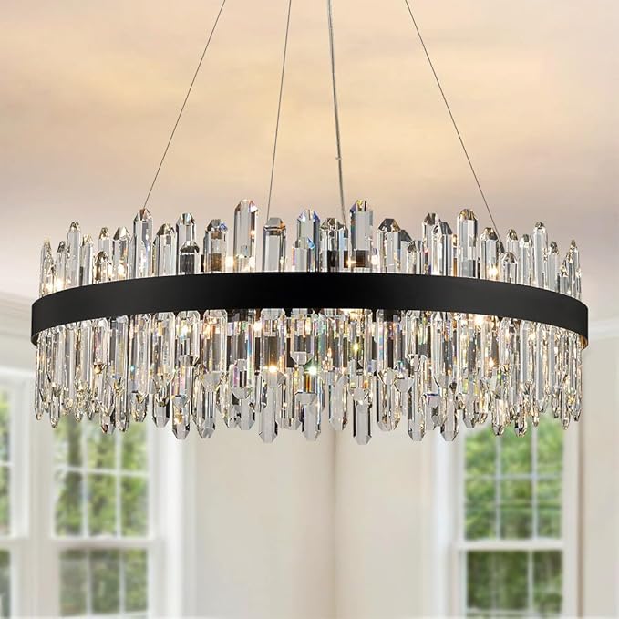 Black Modern Oval Crystal Chandelier, 24-Lights Luxury Chandeliers 2-Tiers K9 Crystal Chandelier Pendant, Light Fixture G9 Lights for Dining Living Room Entryway Kitchen Dia 30 inch