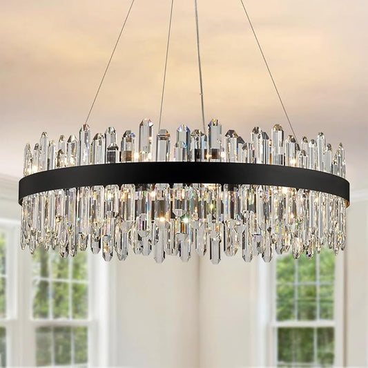 Black Modern Oval Crystal Chandelier, 24-Lights Luxury Chandeliers 2-Tiers K9 Crystal Chandelier Pendant, Light Fixture G9 Lights for Dining Living Room Entryway Kitchen Dia 30 inch