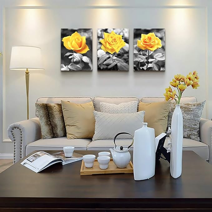 Canvas Wall Art For Bedroom Living Room Bathroom Wall Decor For Kitchen Wall Pictures Artwork Black And White Yellow Rose Flowers Paintings 12" X 16" 3 Pieces Framed Modern Office Home Decorations