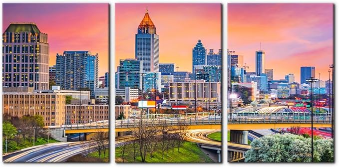 Pacimo Atlanta Cityscape Canvas Wall Art Print City Skyline at Dusk Painting Wall Decor for Living Room Home Decoration Gallery Wrapped Posters and Prints Framed Ready to Hang - 16"x24"x3 Panels