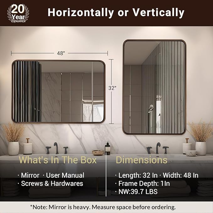 ANDY STAR 48x32 Inch Bronze Bathroom Mirror, Rounded Rectangle Oil Rubbed Bronze Mirrors for Bathroom,Tube Metal Framed, 1’’ Deep Wall Mounted Vertically/Horizontal