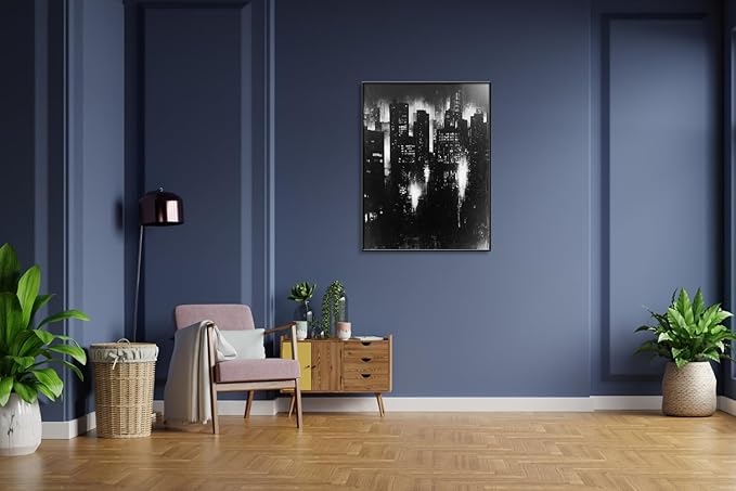 Abstract Cityscape Wall Art, Modern Urban Night Skyline Canvas Painting, Contemporary Expressionist City Decor (Black, 35" W x 47" L / 90x120cm, Framed)