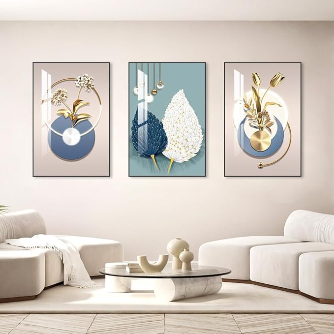 MPLONG Abstract Modern Minimalist Natural Framed Decorative Painting Bright style Wall Art Set of 3Wall Decor for Living Room, Bedroom, Dining Room, Office, etc. (Blue, 24 "X 32" X 3 pieces)