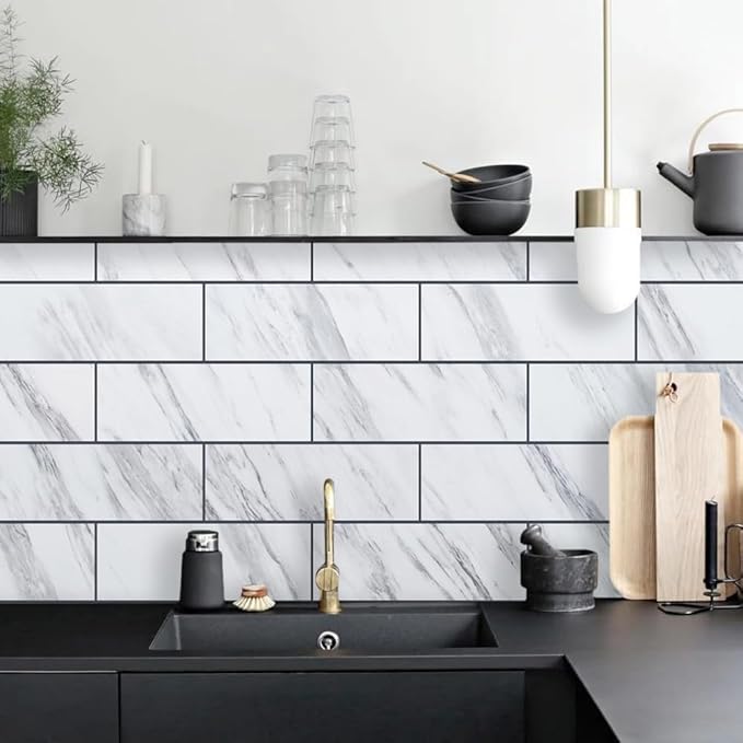 AULIGET 6" x 12" White Marble Peel and Stick Backsplash Wall Tiles, PVC Faux Stone Stick on Tiles for Backsplash Kitchen, Bathroom, Laundry Room, Camper, Fireplace (Pack of 20)