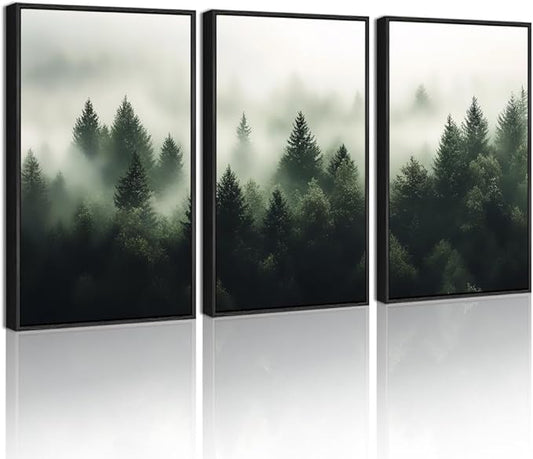 KUVIOKE Green Fog Pine Tree Framed Wall Art Nature Nordic Forests Artwork Morden Painting Home Decor 12x16in (Black Framed)