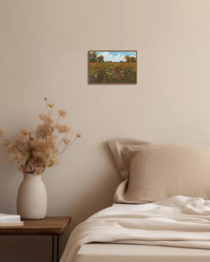 KISSFOX Vintage Landscape Framed Wall Art Autumn Farmhouse Wildflower Field Canvas Art Natural Fall Countryside Paintings Artwork Rustic Art Prints For Bedroom Bathroom Living Room