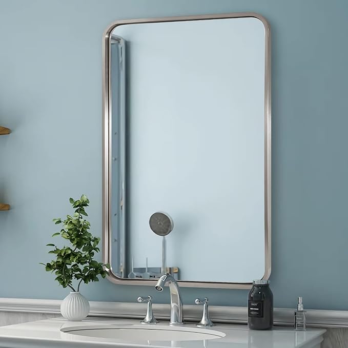 ANDY STAR 22x30'' Brushed Nickel Bathroom Mirror, Rounded Rectangle Brushed Silver Mirror for Bathroom Vanity SUS304 Metal Tube Framed(Rustproof) 1’’ Deep Wall Mounted Vertically/Horizontally