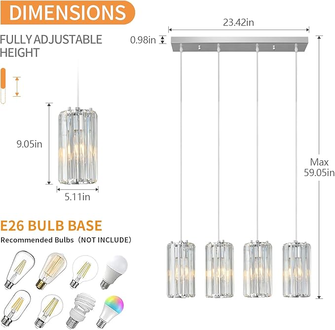 Chrome Pendant Lighting Modern Pendant Light, Mini Crystal Chandeliers,Adjustable Pendant Light Fixture for Kitchen Island Dinning Room Corridor Bedroom…(Gold 4-Light)