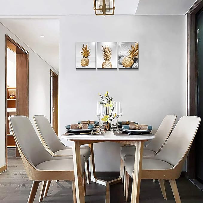 Canvas Wall Art For Bar Kitchen Living Room Office Bathroom Home Decoration Board Black And White Beach Scenery Golden Pineapple Pictures Artwork Restaurant Wall Decor Ready To Hang 20x28inch 3 Piece