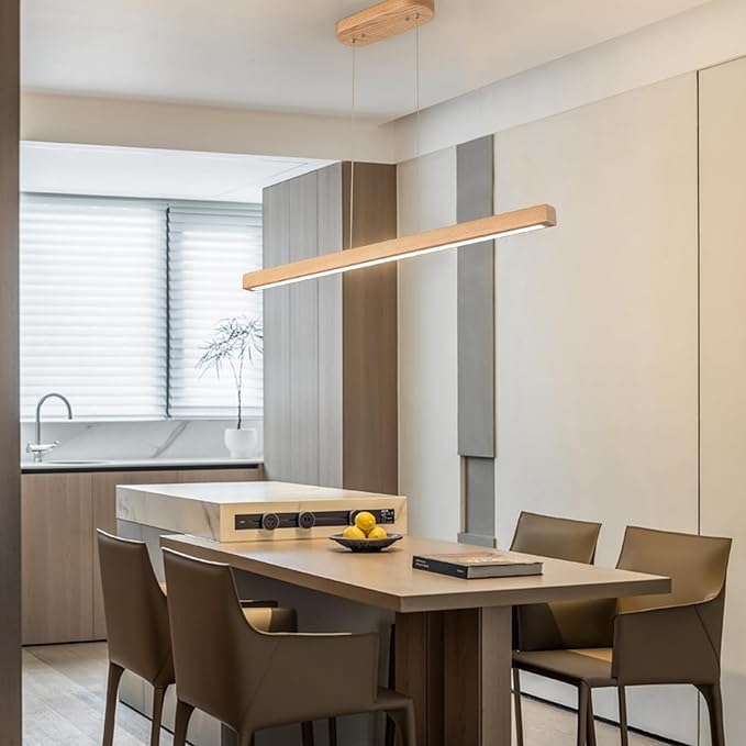 31.5" 18W 1-Light Wooden Led Linear Pendant Light Dimmable Led Ceiling Hanging Light Fixtures Modern Chandeliers for Dining Room Kitchen Island Lights Natural