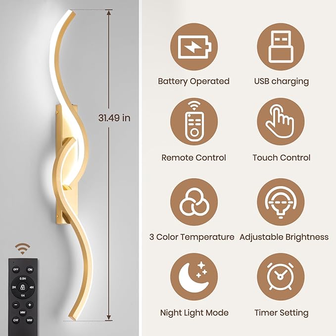Battery Operated Wall Sconces, Rechargeable Wall Sconces, 3000K-6500K LED Wireless Wall Light, Modern Wall Lamp not Hardwired for Living Room Bedroom Hallway (Gold)