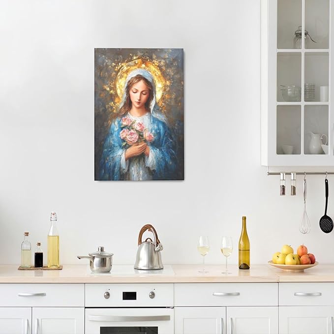 Christian Mary Wall Art Mary Mother Of God Canvas Wall Decor Catholic Blessed Mother with Roses Pictures Christ Paintings Prints Religious Bible Artwork Framed Decorations For Church Prayer Room Chapel Bathroom Bedroom Living Room Gifts 16" x 24"