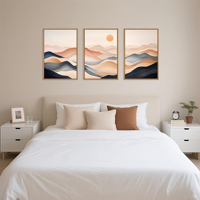 Boho Abstract Mountain Framed Canvas Wall Art Set,Earthy Toned Rustic Sunrise Landscape Wall Decor,Colorful Modern Watercolor Nature Scenery Artwork for Living Room, Bedroom,Farmhouse-24"x36"x3