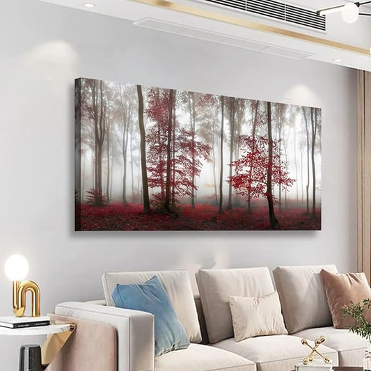 Misty Forest Pictures Canvas Wall Art for Living room Office Bedroom Wall Decor,Forest Wall Art Print Paintings Modern Nature Red Tree Artwork Waterproof Ready to Hang-24x48 inch