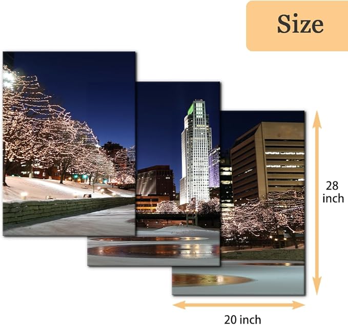 Pacimo Canvas Wall Art Decor Omaha Cityscape Modern Artwork for Wall Painting City Skyline Night View Pictures Gallery Wrapped Posters and Prints Stretch and Framed Ready to Hang - 20"x28"x3 Panels