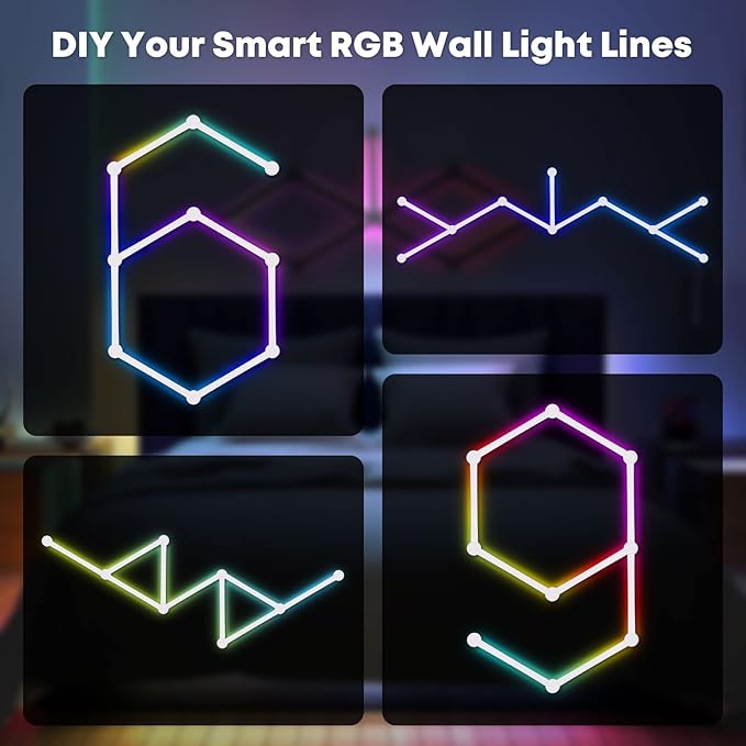 AGM Smart Wall Light Lines, 9 RGB LED PRO Light Bars, 16M+ Color, Music Sync, Dimmable WiFi Hexagon Light Lines for Bedroom, Living Room, Gaming, Party, Home Decor, Work with Alexa & Google Assistant