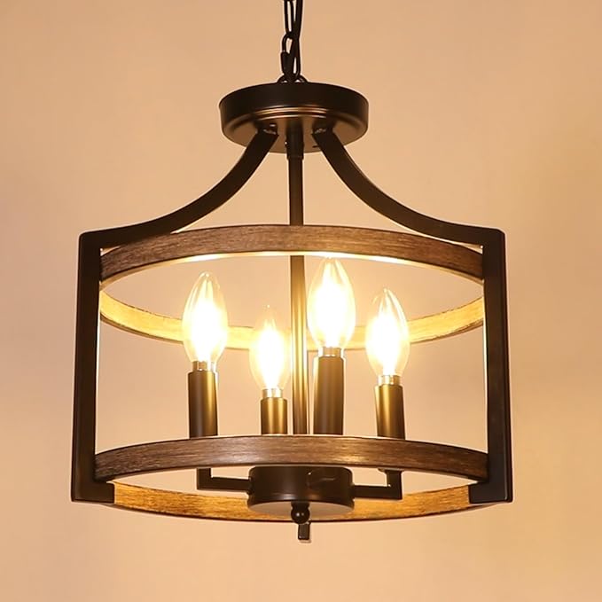 4-Light Farmhouse Chandelier, Rustic Metal Hanging Pendant Lighting, Convertible Semi Flush Mount Ceiling Light Fixture Faux Wood Black Chandeliers for Dining Room Kitchen Foyer Entryway
