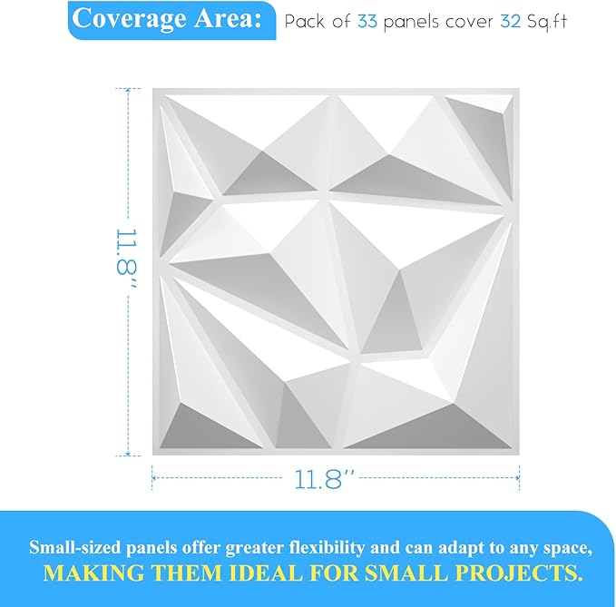 33 Pack Decorative 3D Wall Panels for Interior Wall Decor,12''x12'' White Diamond Design Accent Wall Panles for Living Room,TV Wall Background,Bedroom