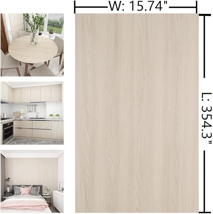 15.7"x354" Wood Textured Peel and Stick Wallpaper - Beige Wood Look Contact Paper for Countertops, Waterproof Self Adhesive Wood Grain Vinyl for Kitchen Cabinets, Living Room