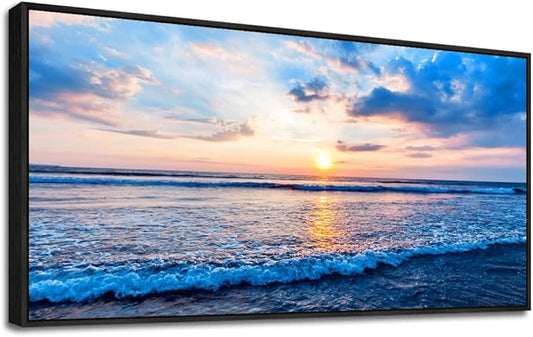 Black Framed Canvas Wall Art For Living Room Blue Beach Ocean Sea Waves Landscape Wall Decor Ready To Hang Home Decorations Bedroom Kitchen Bathroom Canvas Prints Posters Painting Wall Mural Artwork