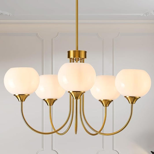 Modern Globe Chandelier 5 Light Mid Century White Milk Glass Vintage Sputnik Hanging Chandeliers Gold Pendant Light Fixtures for Dining Room Kitchen Living Room Bedroom