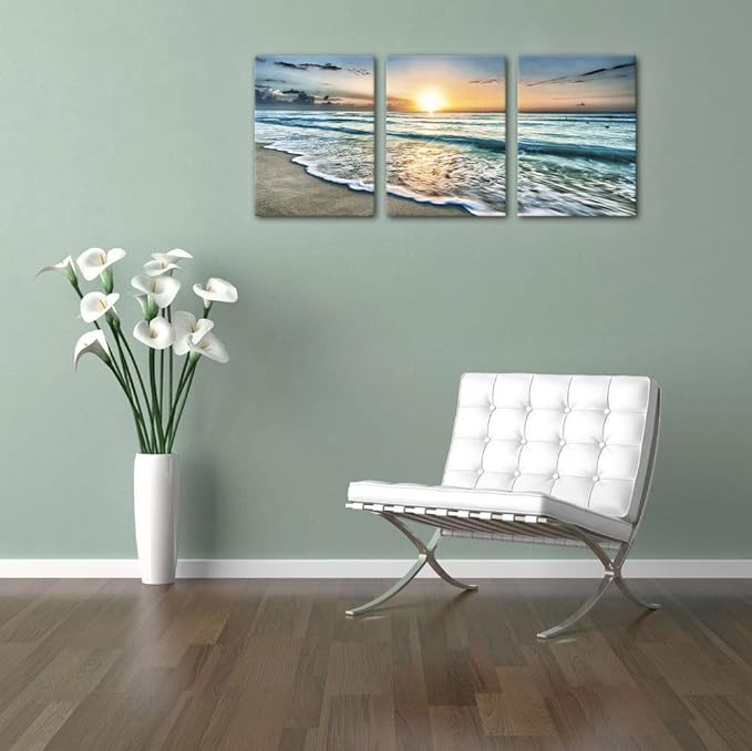 Canvas Wall Art Beach Sunset Ocean Waves Wall Decor 3 Pieces x 12" x 16" Modern Seascape Canvas Artwork Contemporary Nature Pictures Painting Giclee Prints Framed Ready to Hang for Home Decoration