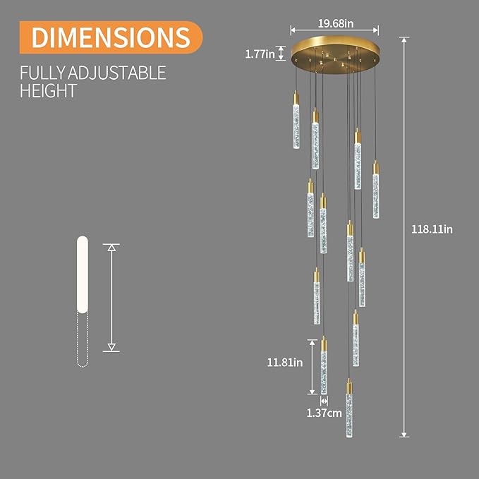 12-Light Modern Living Room Chandelier Gold Brass Finish Crystal Ceiling Pendant Lights LED Dimmable 72W 6000K Staircase Large Chandeliers for Entryway Lobby Foyer High Ceiling Chandeliers