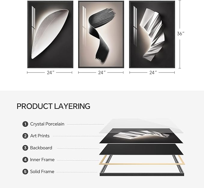 Large Framed Modern Wall Art 3 Piece Set, Black and White Abstract Paintings Artwork, Contemporary Trendy Geometric Luxury Bright Style Pictures Prints for Living Room Hallway and Office 24x36 Inch