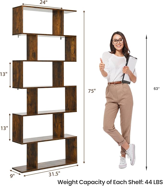 6 Tier Geometric Bookcase, S Shaped Bookshelf, Book Shelf Room Divider, Wood Freestanding Display Shelves, 75 Inch Staggered Bookshelf for Bedroom Living Room (1, Rustic Brown)