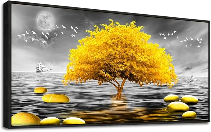 Black and white View Framed Wall Decorations For Living Room large size Canvas Wall Art For Bedroom Office Wall Decor Yellow Tree Painting Canvas Prints Home Decor Black Wood Framed 24" X 48"