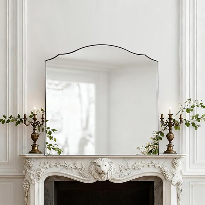 ANDY STAR Scalloped Arched Mantel Mirror, 32x28 Inch Brushed Nickel Vanity Mirror in Stainless Steel Metal Frame, Vintage Wall Mirrors for Fireplace, Bedroom, Living Room, Entryway Hangs Vertically